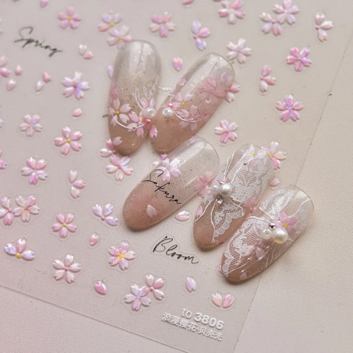 엠보 오로라 핑크 벚꽃 꽃잎 네일스티커